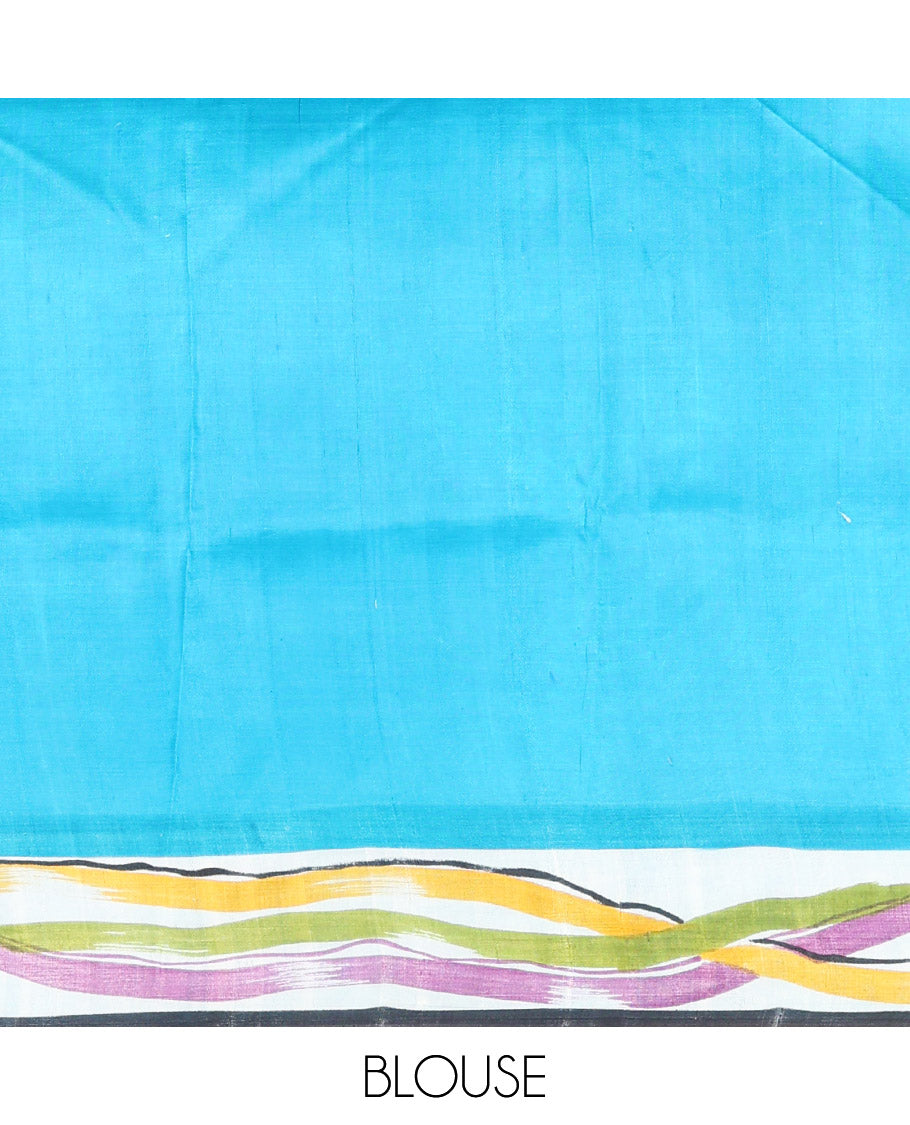 Blue-base multi-color striped printed saree, self-pallu of colorful stripes