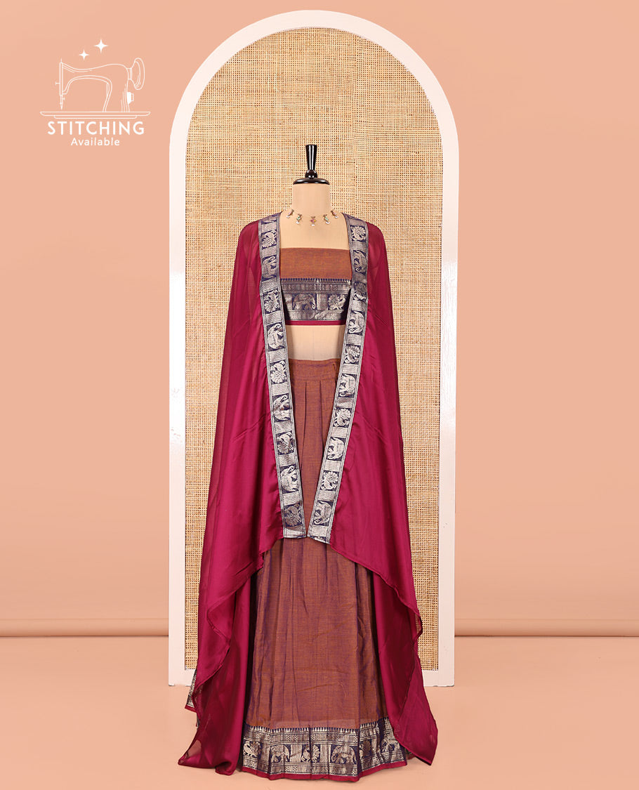 Dark Onion Pink-Rani Pink Mercerised Cotton Half-Saree Features Plain with Contrast Traditional Zari Bordered Skirt, Paired with a Matching Blouse, and Comes with a Contrast Bordered Dhavani