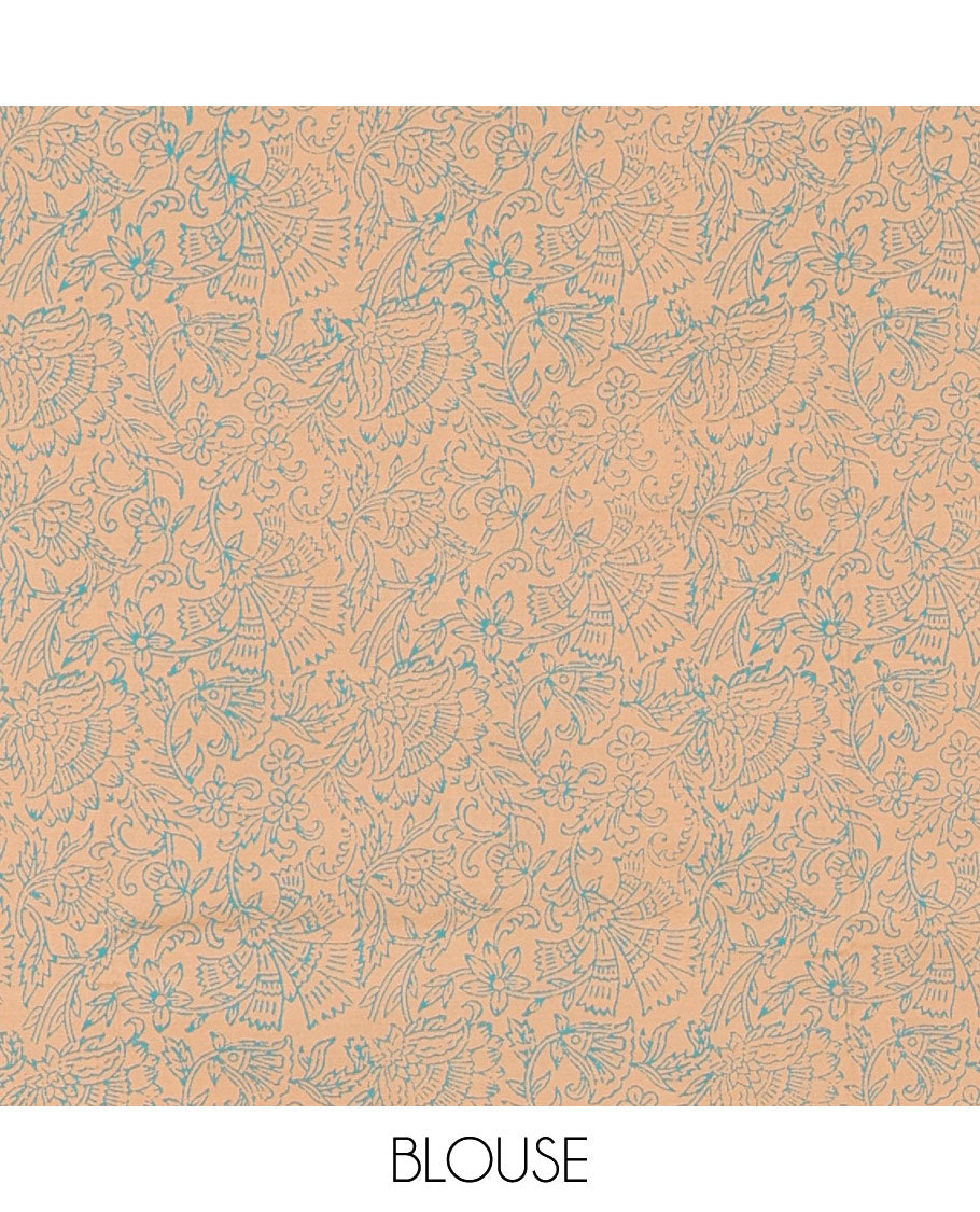 Peacock green sparrow motifs block printed South cotton saree, temple printed border, printed pallu, a matching blouse and a contrast floral vine printed blouse