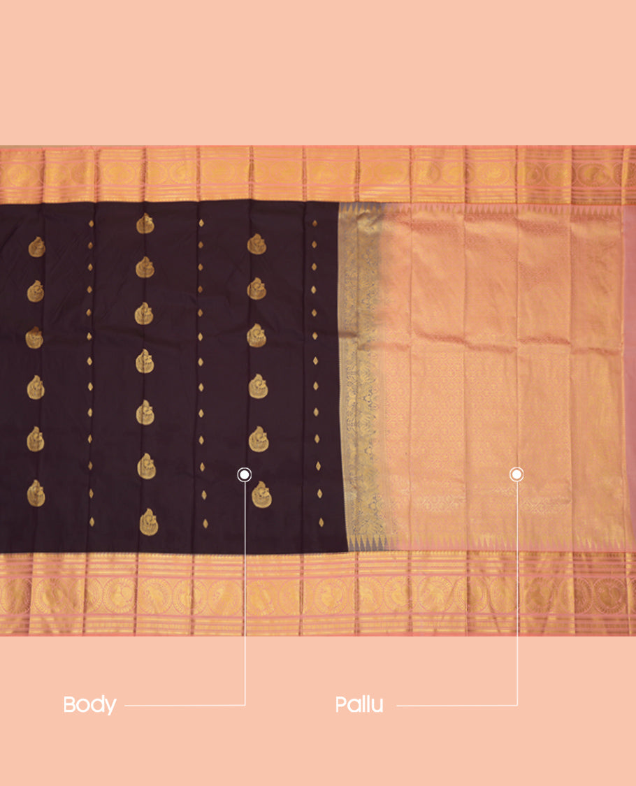 Wine Budget Silk Saree, Graced with Peacock Buttas and Stripes, Complemented by Contrast Traditional Zari Border, a Jaal Pallu and a Contrast Blouse