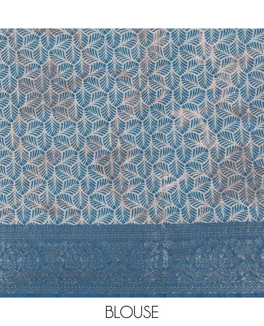 Peacock blue floral digital print semi-dupion saree with self zari weaving border