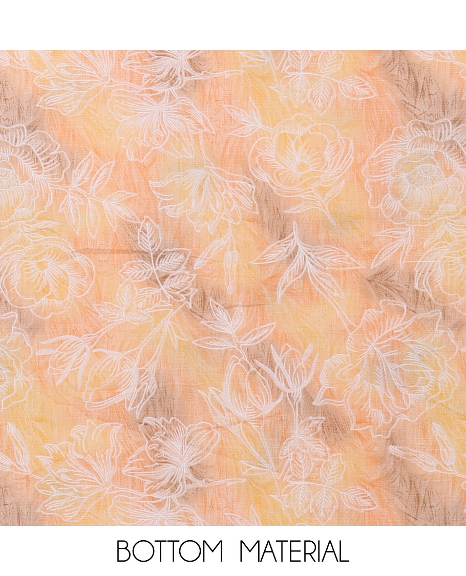 Orange chudidar material set, shibori-print & floral vine chikankari embroidered top,printed cotton bottom & floral chikankari embroidery chiffon dupatta