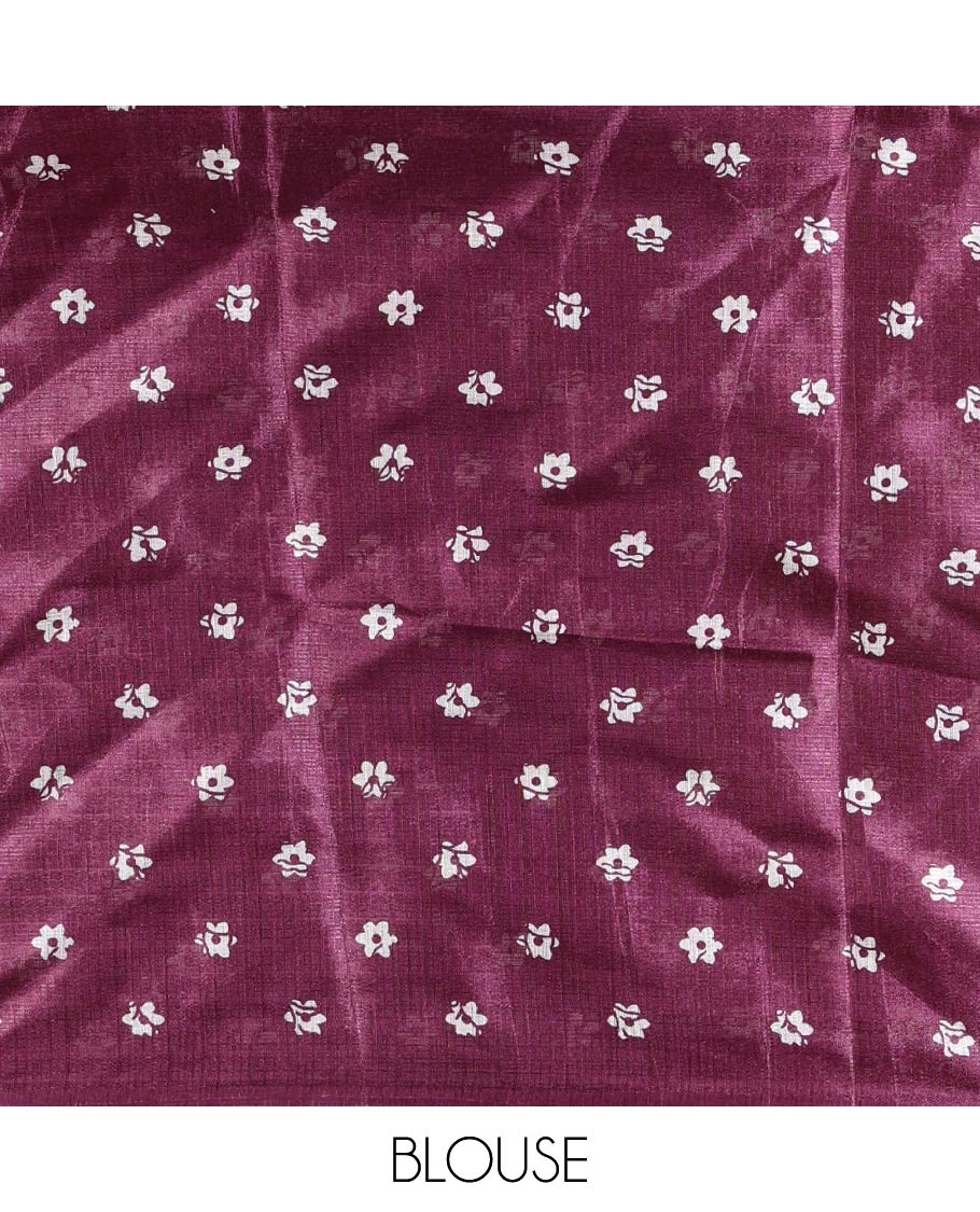 Half-white batik-style floral vine printed khadi cotton saree, contrast wine border, batik floral printed, and contrast flower motifs printed blouse