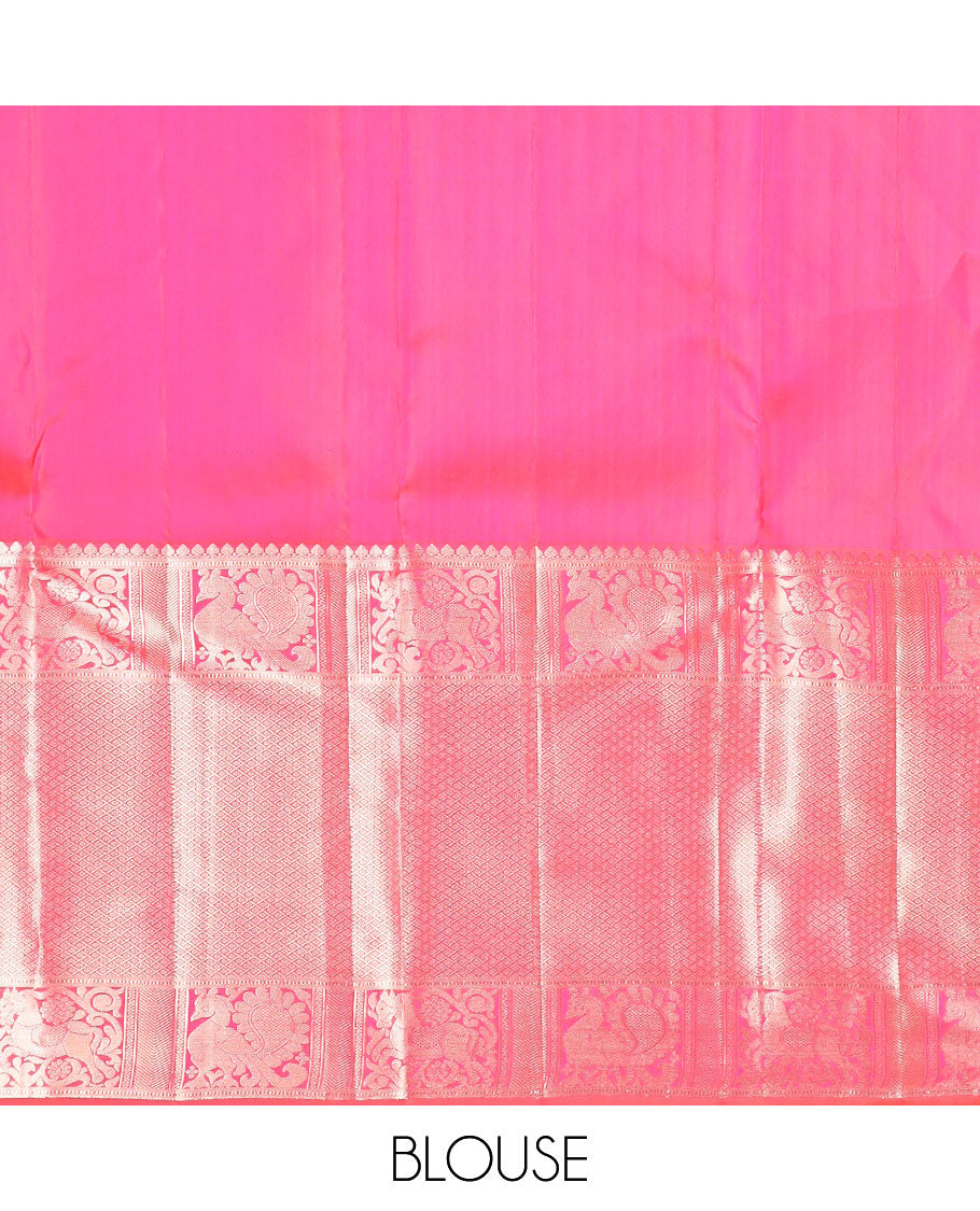 Red floral design kancheepuram silk saree with self border of intricate zari design border & floral design pallu