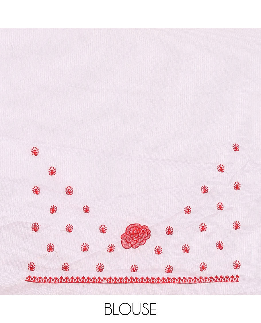 White plain kota checks saree, red rose thread embroidered scallop border & self-pallu & matching floral thread embroidered blouse