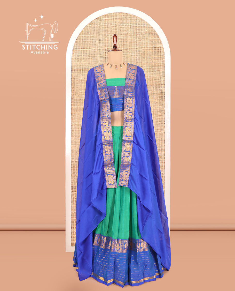 Rama-Royal Blue Mercerised Cotton Half-Saree, Contrast Annam Bordered Skirt,Matching Blouse,Contrast Dhavani
