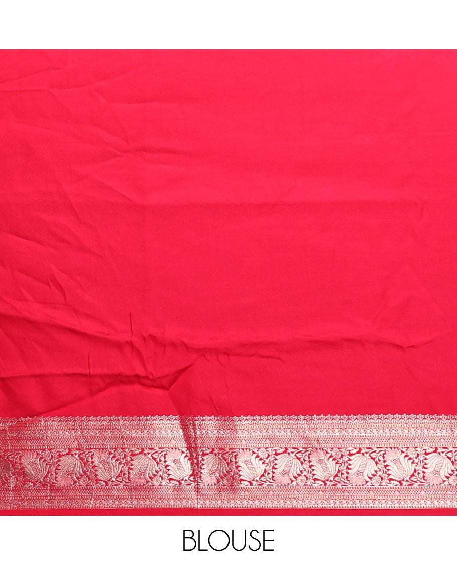 Red motifs satin silk saree with self zari design border & floral zari design pallu
