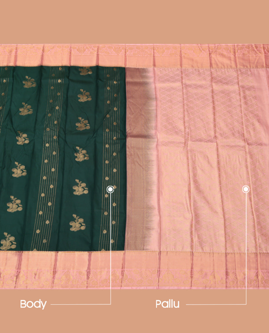 Green Budget Silk Saree, Detailed with Zari Buttas, Complemented by a Contrast Traditional Zari Border, Grand Pallu, and a Contrast Blouse