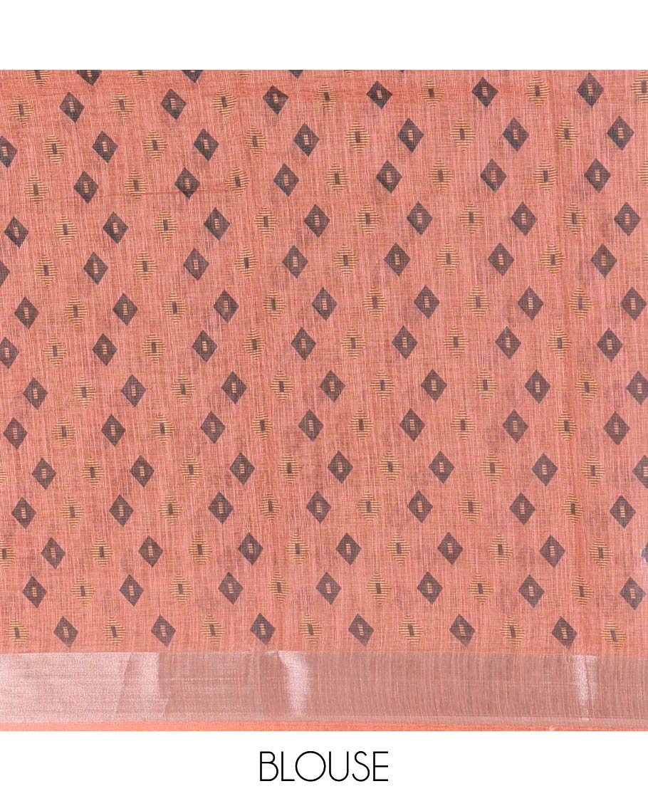 Orange diamond buttas printed linen cotton saree, bavanji border, doll printed pallu, and a matching blouse