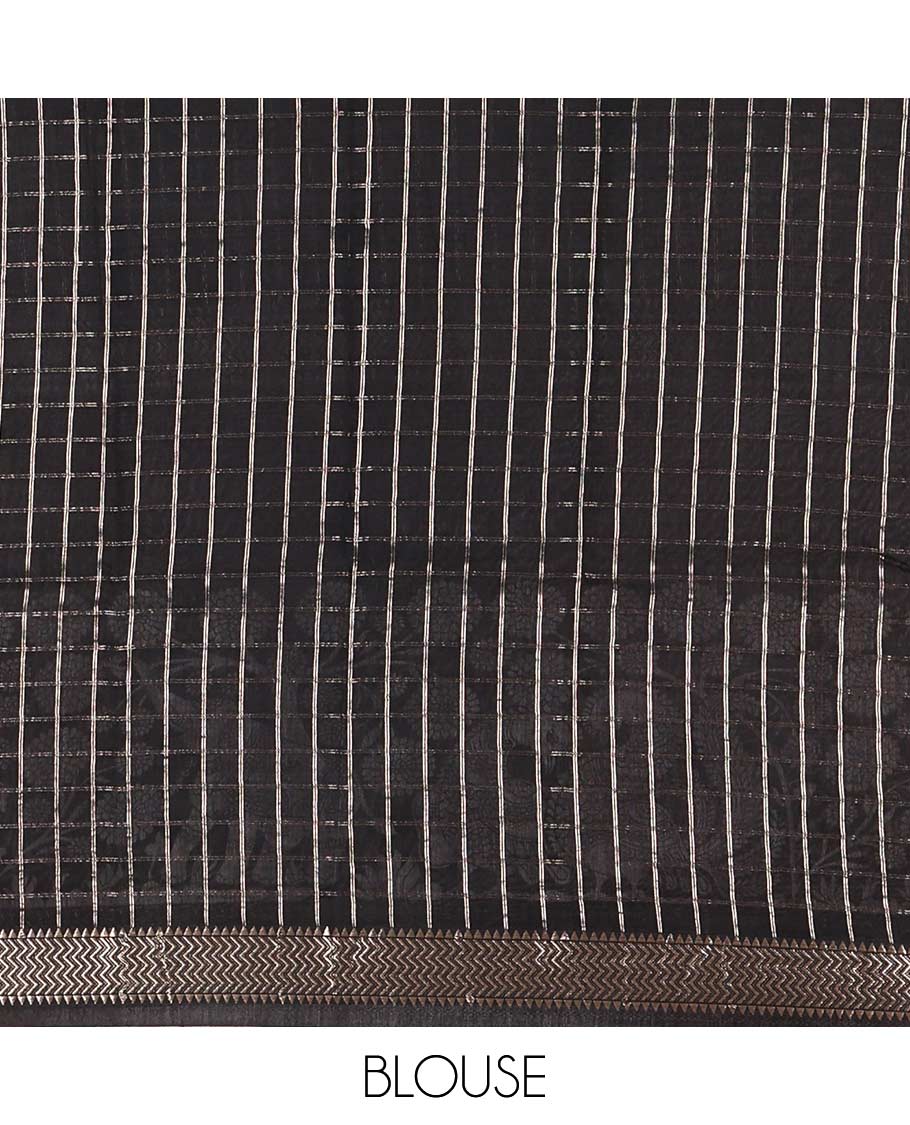 Balck zari checked with kalamkari flora-fauna motifs printed Assam cotton saree, traditional zari border, zari striped pallu, and matching blouse