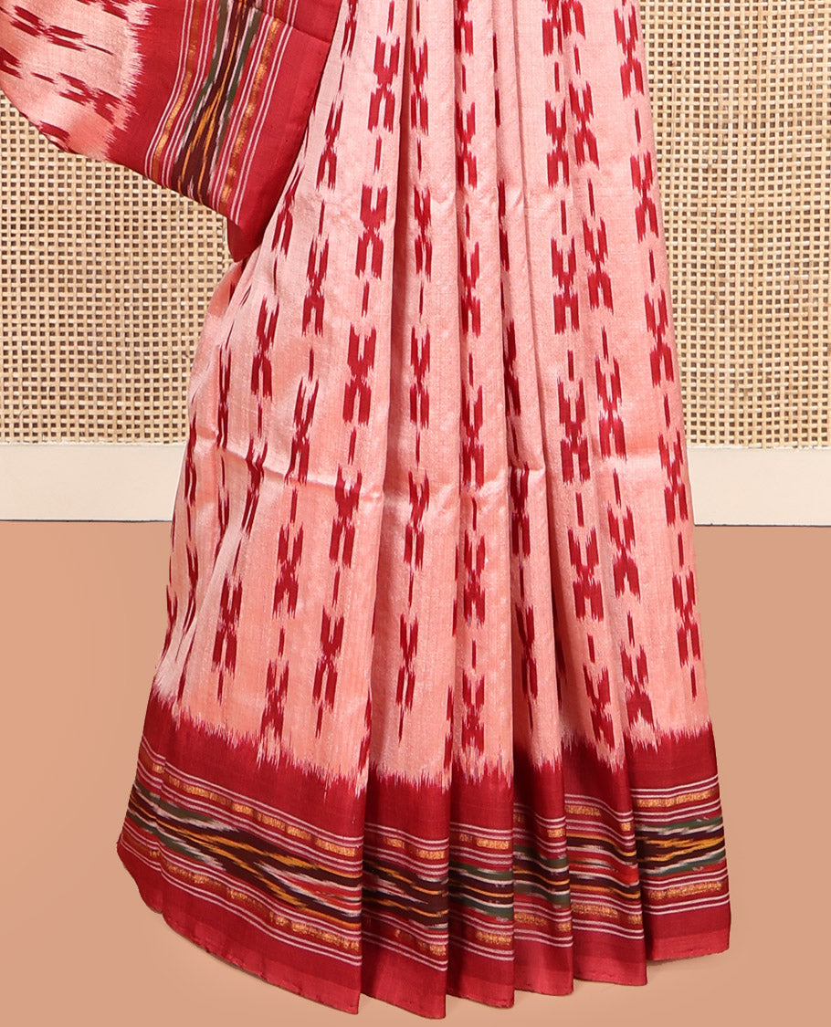 Peach Pochampally Ikat Silk Saree, Elevated with Cross-Shaped Buttas, Complemented by a Contrast Ikat Design Border, Ikat Pallu, and No Blouse
