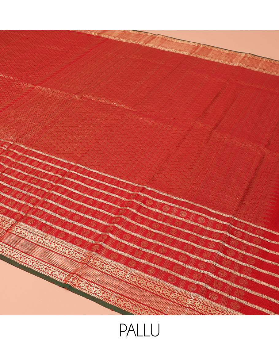 Red Kanchipuram Wedding Silk Saree, Delicately Woven with Jacquard Design on Its Body, Highlighted by Zari Border of Annam, Chakram, Neli, Muthu, Kodi Visiry, and Ara Maadam Designs, Grand Pallu of Vanki Designs, and Paired with a Contrast Blouse