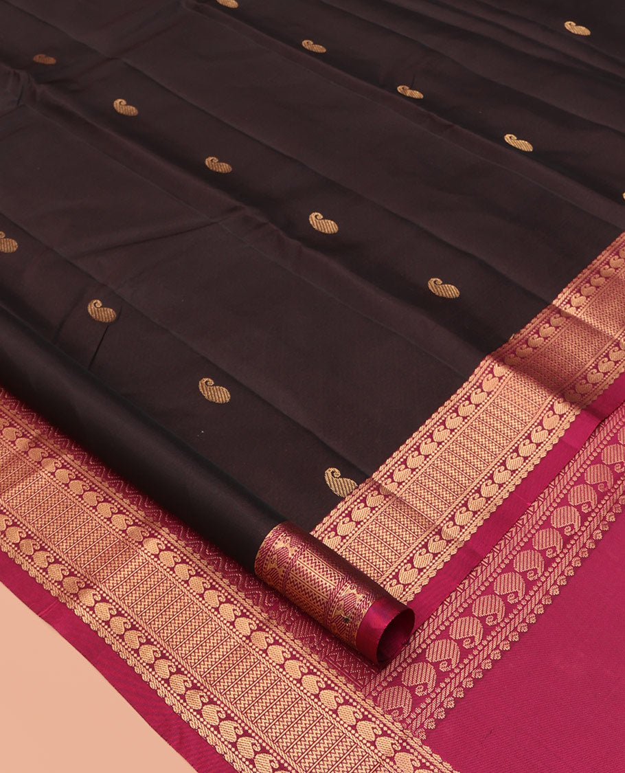 Brown Manga Buttas Vasundhara Lite Silkmix Saree, Contrast Manga-Vanki Border, Jaal Pallu, Contrast Blouse