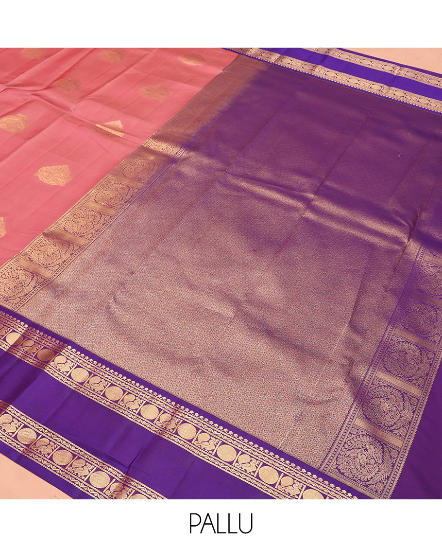 Pink Vasundhara Lite Silk Mix Saree, Adorned with Zari Buttas All Over Its Body, Complemented by Contrast Rettai Pettu Border of Thilakam Mokku, Neli, Poun, and Mayil Designs, and Zari Woven Pallu and Paired with a Contrast Blouse