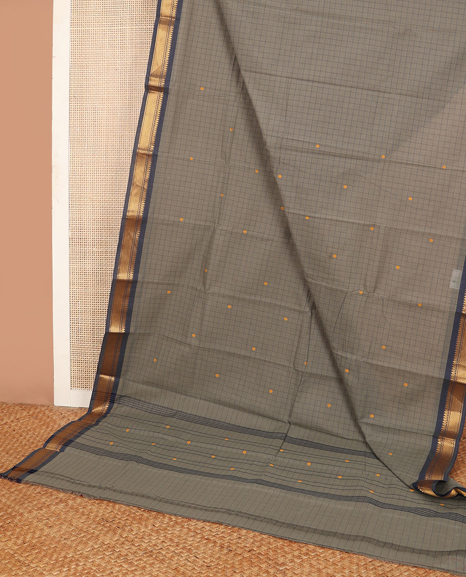 Grey checked Chettinad cotton saree with buttas, contrast traditional motif border & striped pallu