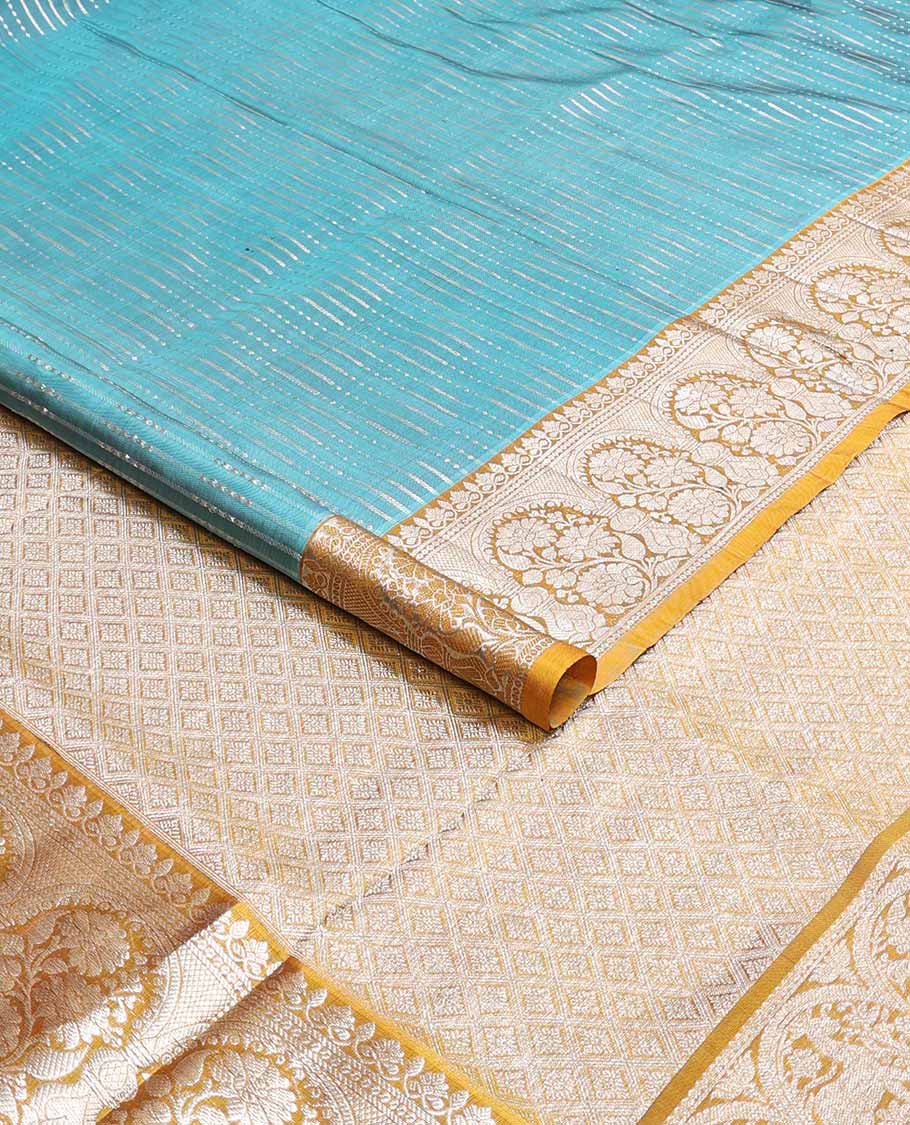 Blue striped design venkatagiri silk saree with contrast zari design pallu & argyle design pallu