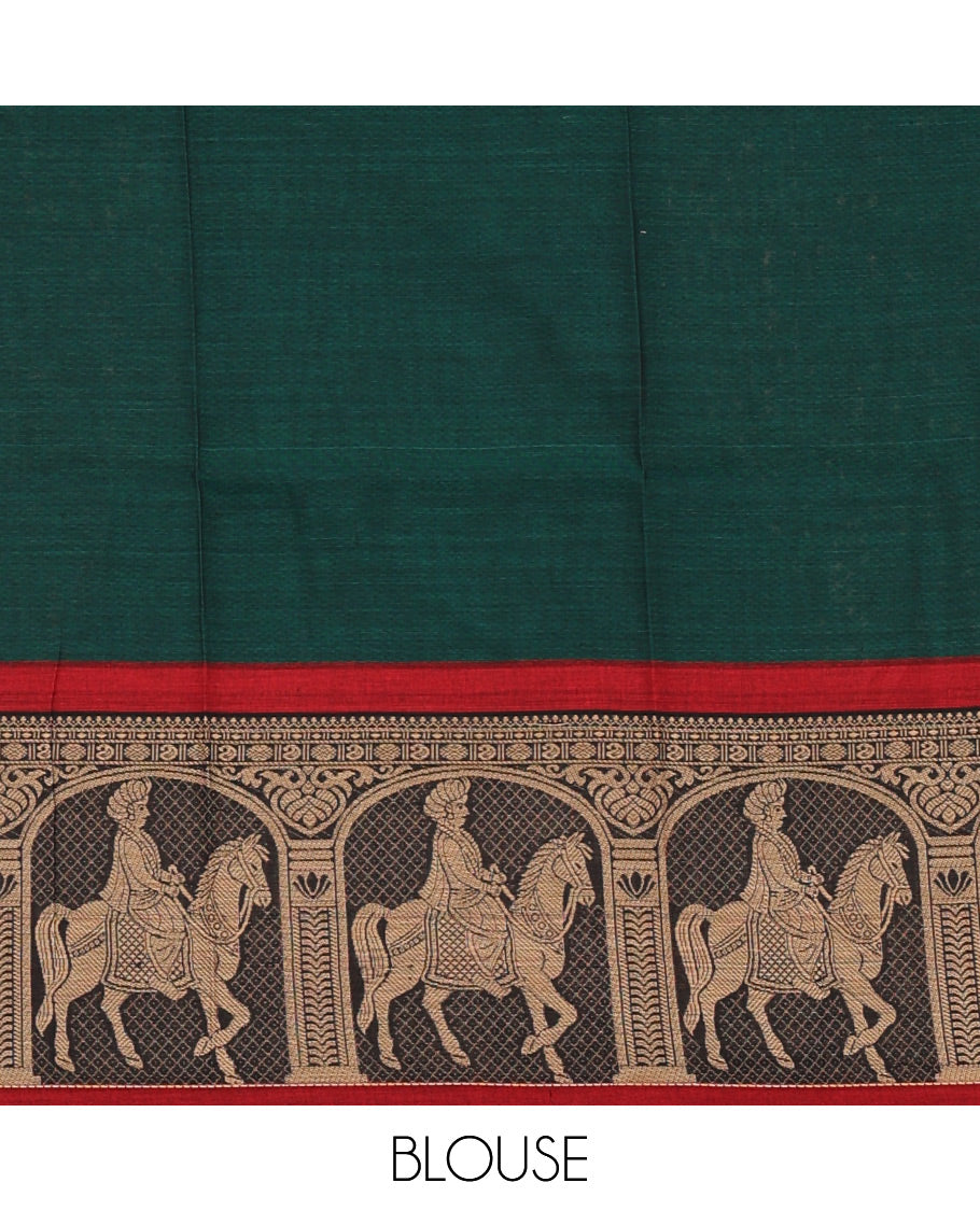 Green with maroon mercedised cotton half-saree, contrast elephant zari border skirt, matching blouse & one side border georgette dhavani