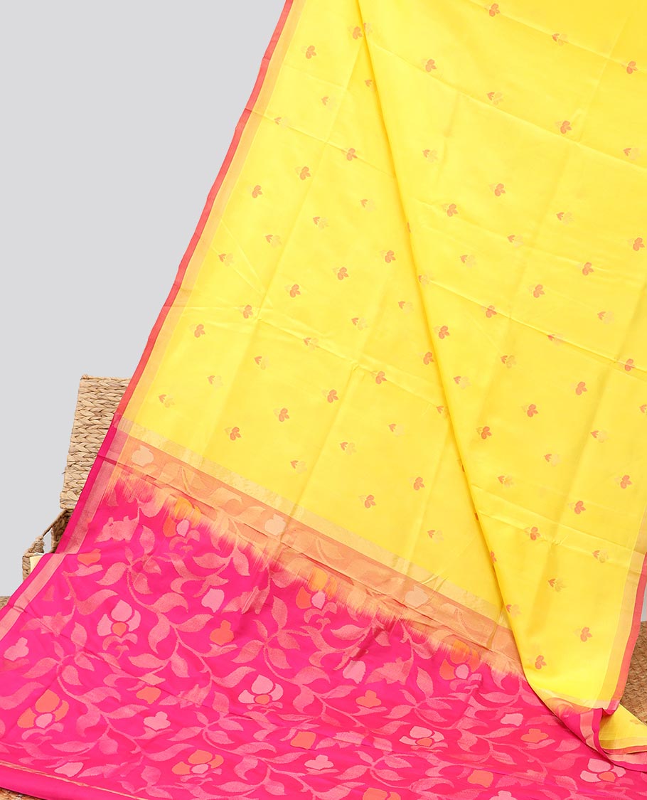 Yellow all-over flower motifs upadda silk saree with self zari border