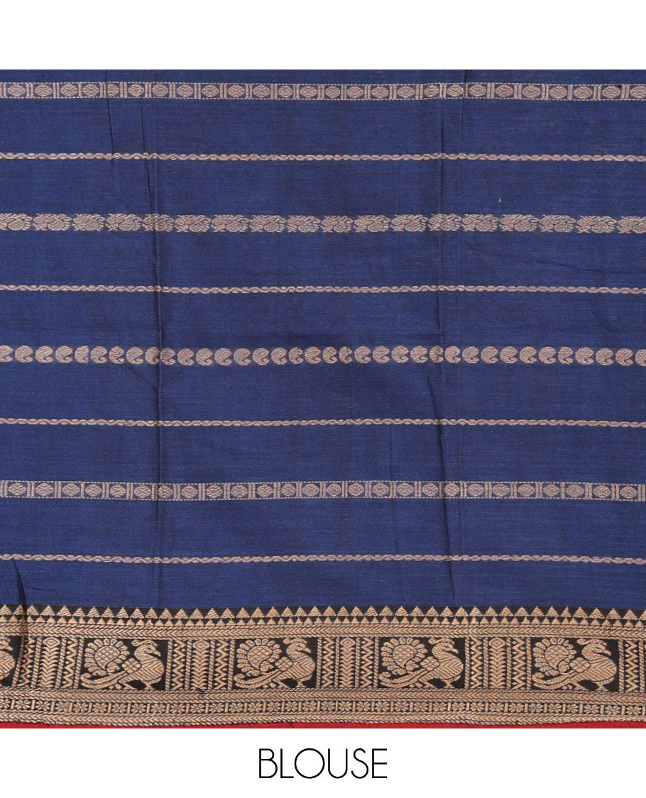 Blue-maroon mercerised cotton half-saree, traditional design resham thread skirt, matching traditional design blouse & contrast syska georgette dhavani