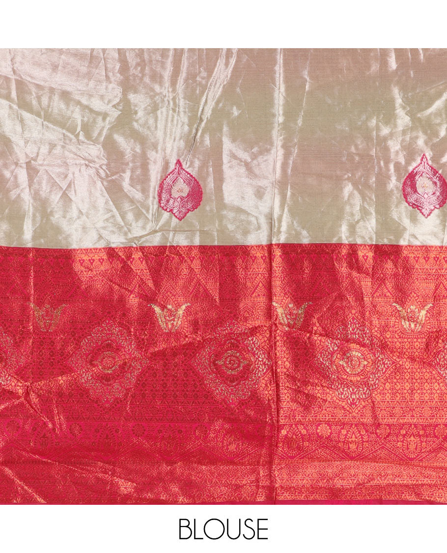 Chikku-Rani pink banarasi tissue half-saree, jacquard with contrast traditional stone work border skirt, matching blouse, and contrast embroidered Syska georgette scallop dhavani