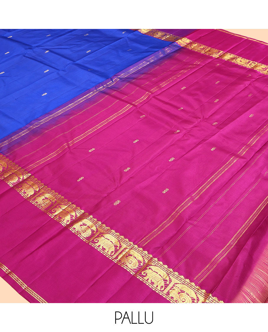Royal Blue Plain Kanchipuram Silk Saree, a Contrast Rettai Pettu Border of Thazampoo Rekku, Banaras, Neli, Mayil, and Yaanai Designs , Zari Design Pallu, and a Contrast Blouse