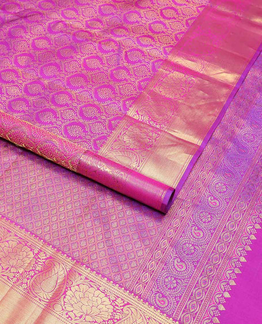 Pink floral jacquard silk saree with self zari  border of thilakam mokku, kathir, banaras design & zari design pallu