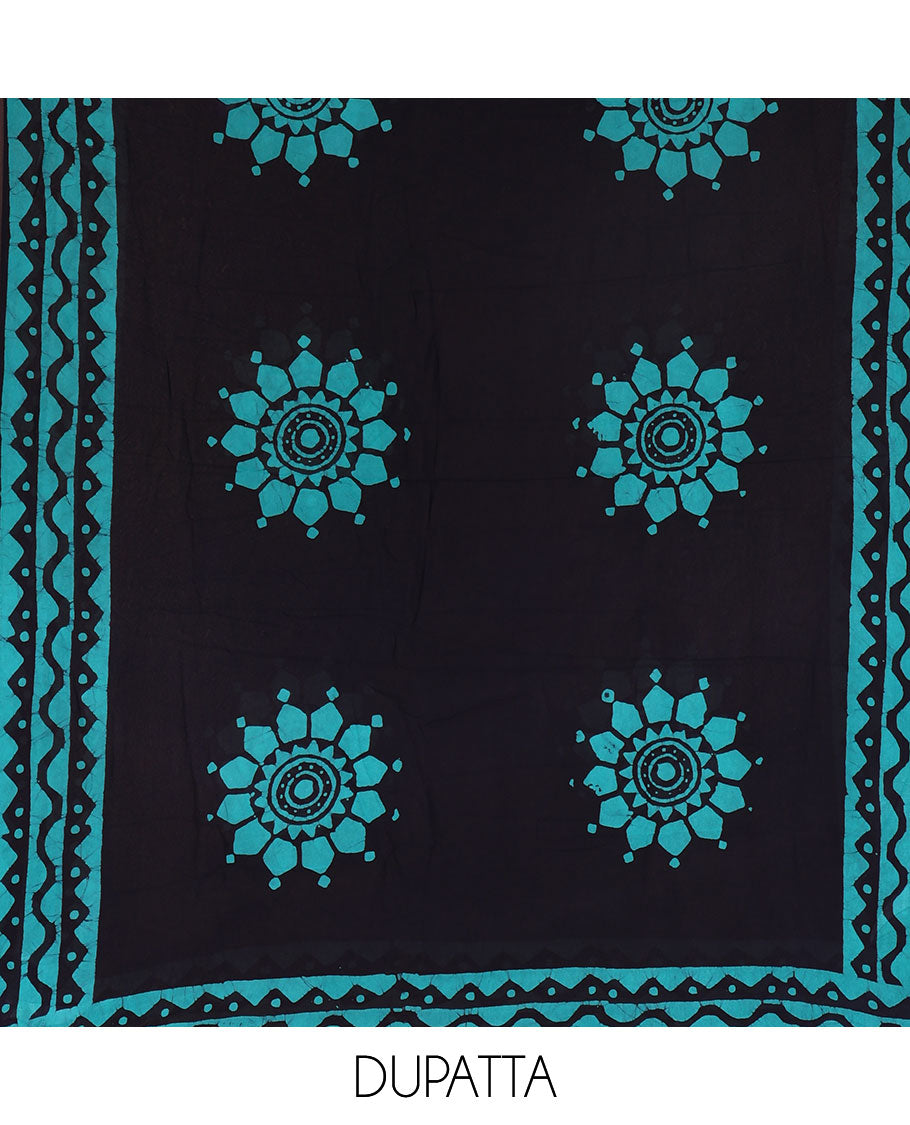 Navy blue-rama green material chudidar set, chevron stripes hand block printed viscose georgette top, contrast santoon bottom, and viscose georgette hand block printed dupatta