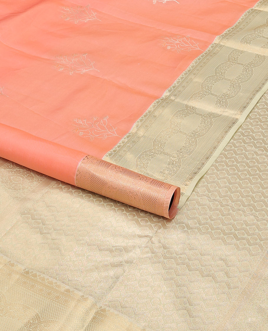 Peach buttas vasundhara elite silk saree with contrast intricate zari design border & geometric design pallu