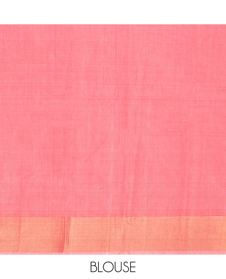 Maroon Ikkat Cotton Saree, Elevated with Ikkat-Style Temple Buttas All Over Its Body, Complemented by a Contrast Zari Border, Pallu of Geometric Designs in Ikkat Weave, and Paired with a Contrast Blouse