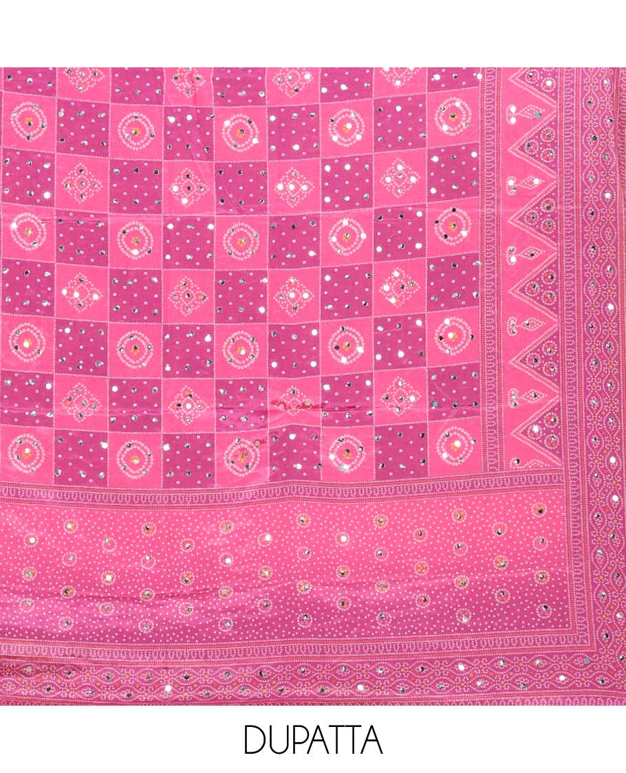 Pink with mangenta bandhani print stone, mirrror work crepe chudidhar material top with american crepe pant & bhandani print, mirror work dupptata