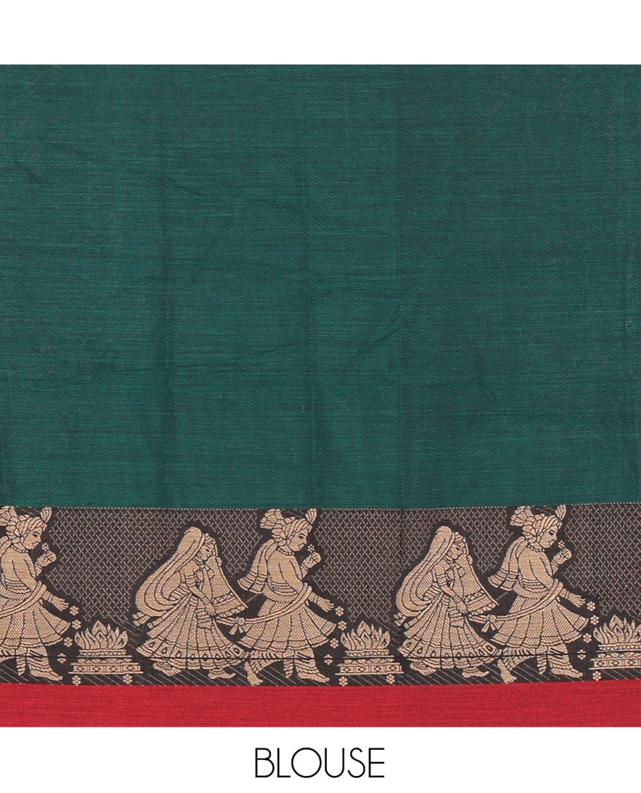 Green Mercerised Cotton Half-Saree Features a Plain Skirt, a Contrast Wedding-Themed Border, a Matching Blouse, a Contrast Dhavani