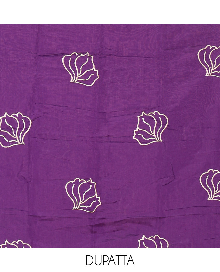Violet Mul Chanderi Material Churidar Set, Ornamented with Flower Embroidery and Sequins Work V-Neck Top, a Plain Santoon Bottom, and Paired with a Mul Chanderi Floral Embroidered Dupatta