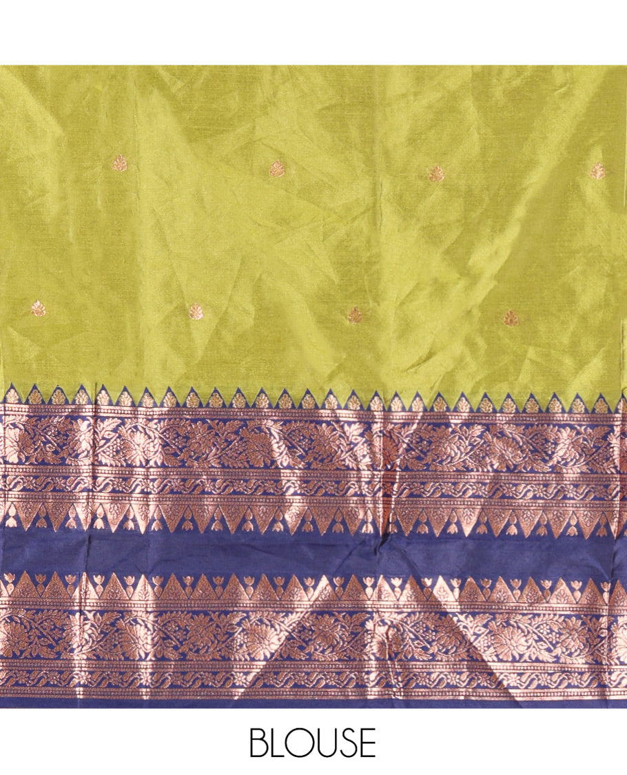 Parrot Green and Blue Semi-Banarasi Half-Saree, Accentuated with Zari Buttas on Its Skirt, Complemented by a Contrast Rettai Pettu Traditional Zari-Design Border, Paired with a Matching Blouse, and Comes with a Contrast Satin Georgette Embroidered Dhavani