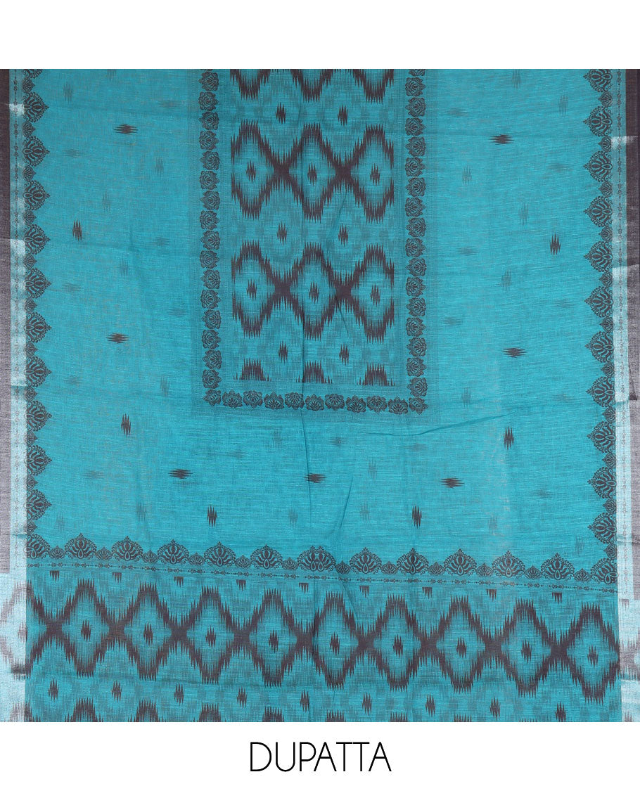 Black Vertican silk material chudidar set, vertical ikkat stripes, and kantha work top, contrast plain slub cotton bottom, and linen contrast ikkat printed zari border dupatta