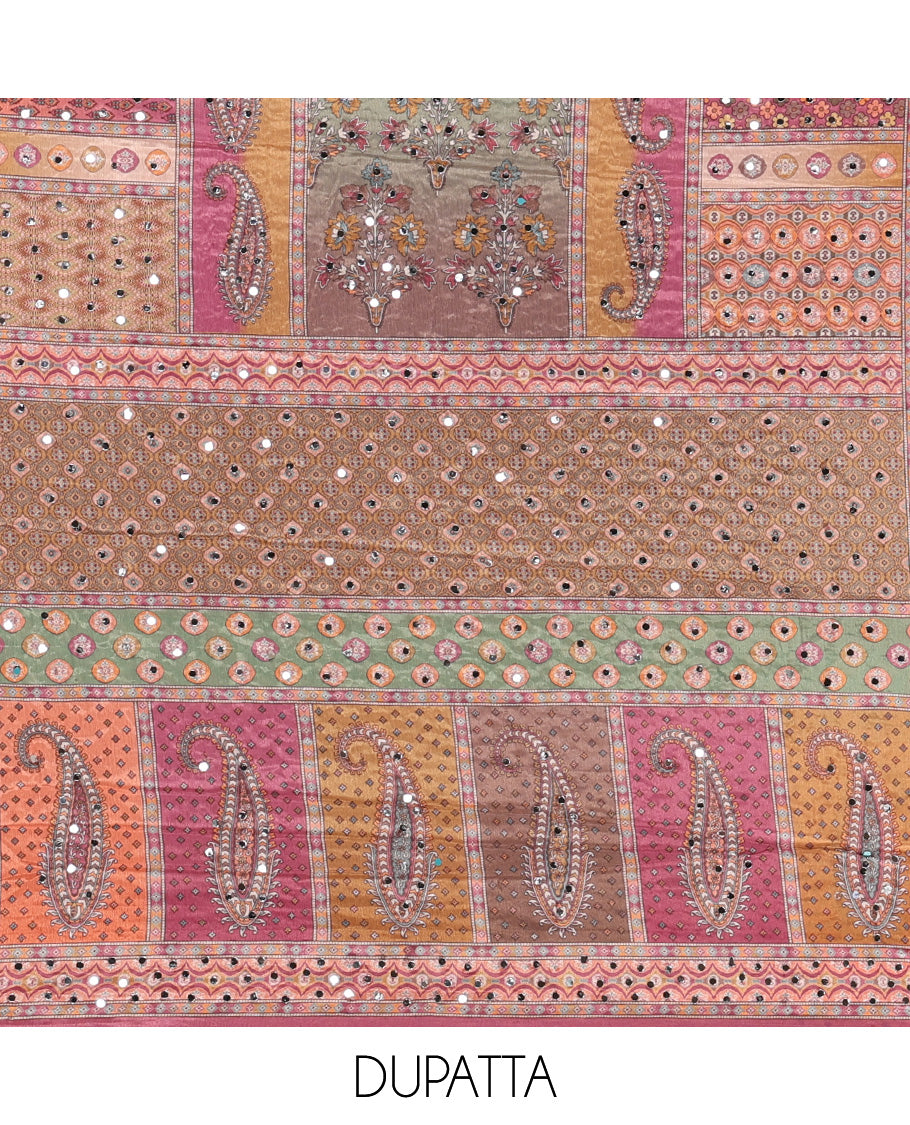 Pink churidar material set, Ajrakh-printed neck with Schiffli embroidery & mirror work georgette top, kalidoscopic-colored dupatta of ajrakh print & mirror embroidery & plain crepe bottom
