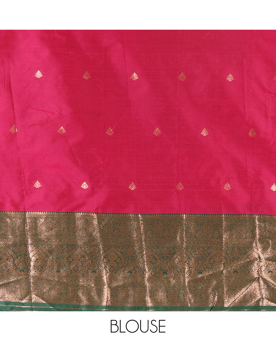 Rani pink taffeta silk half-saree, zari buttas with contrast traditional zari bordered skirt, matching zari design blouse, and contrast scallop buttas embroidered dhavani