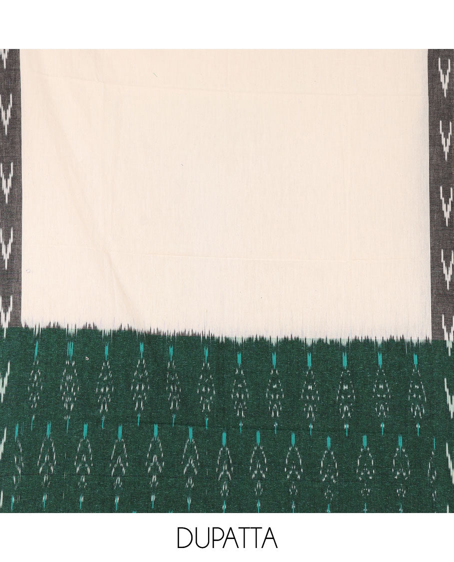 Green material chudidar set,pochampally ikkat butta printed pure cotton top,contrast black bottom & ikkat print black-green dupatta