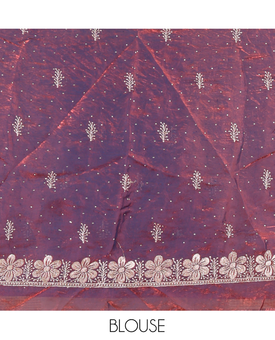 Soft Raspberry Fendi Organza Half-Saree Set, Features Floral Embroidered Skirt, Matching Blouse, Embroidered Dupatta