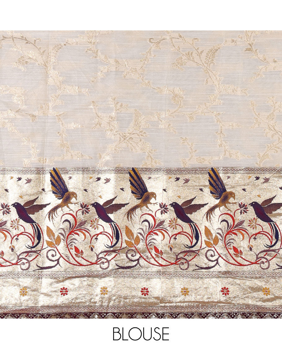 Cream banaras halfsaree, jaal jacquard skirt, contrast rani paithani border, matching blouse, and Syska georgette embroidered dhavani