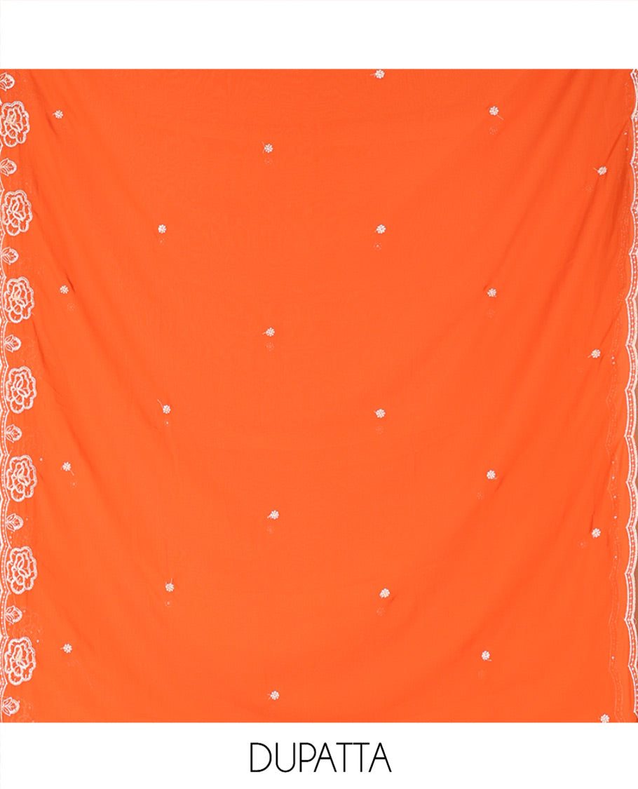 Rust Fox Georgette Material Chudidar Set, Woven with Floral Embroidery on Its Top, a Plain Santoon Bottom, and Paired with a Rose Floral Embroidered Scallop Dupatta
