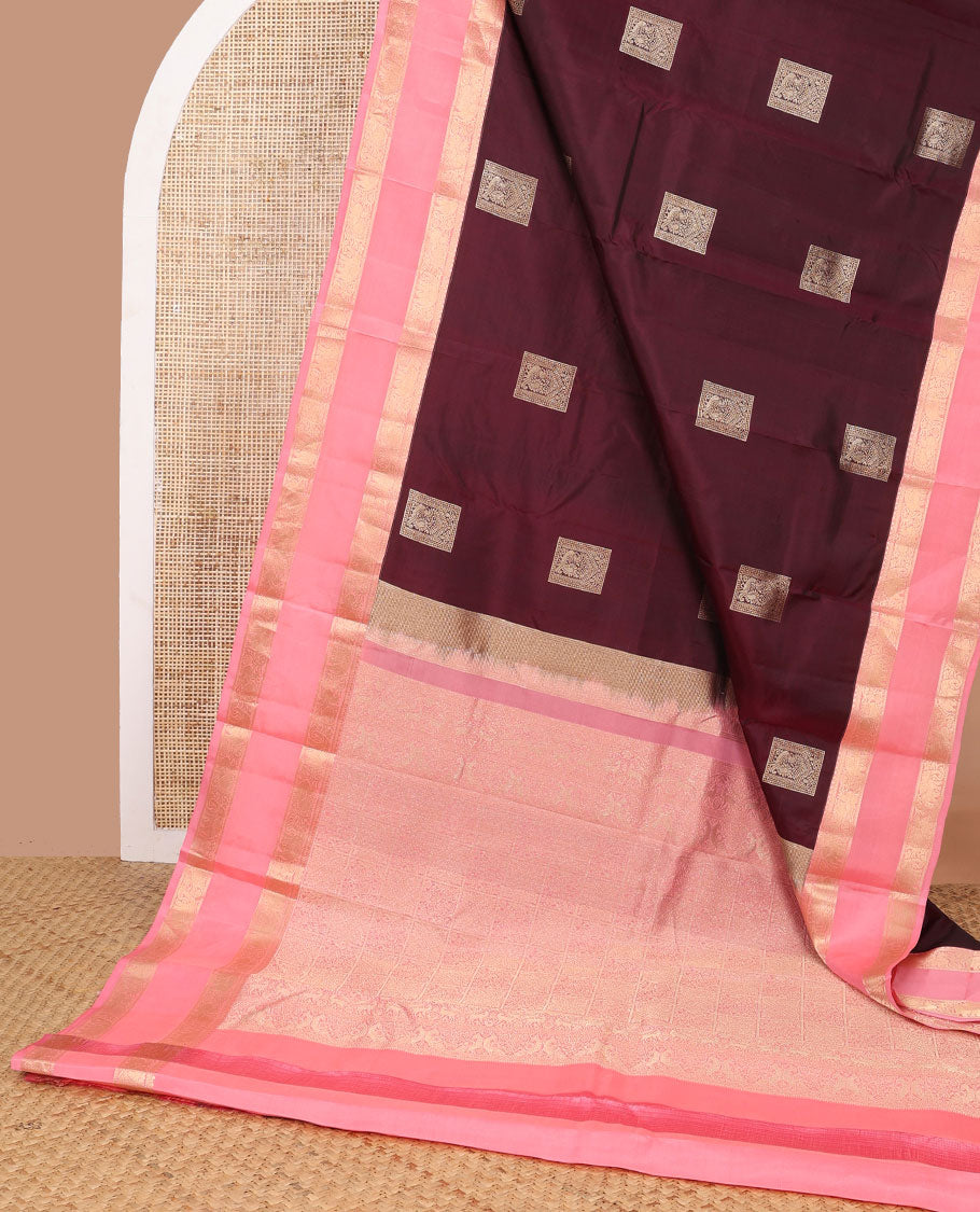 Brown geometric design silk saree with contrast rettai pettu yanaai design border & checkered floral design pallu