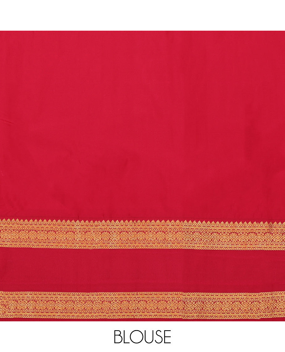 Blue Budget Silk Saree, Gracefully Embellished with Zari Stripes and Peacock Buttas on Its Body, Complemented by Contrast Traditional Zari Design Rettai Pettu Border, Grand Jaal Pallu, and Paired with a Contrast Blouse