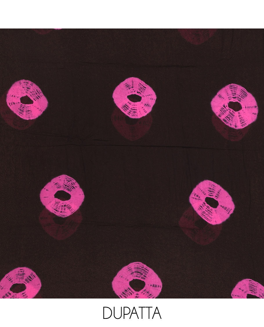 Black and pink viscose georgette material churidar set, big bandhani dots printed top, plain bottom, and big bandhani dots printed dupatta