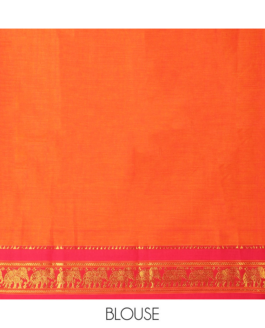 Orange mercerised cotton daman zari border half saree with cotton blouse & skya georgette one side zari border dhavani