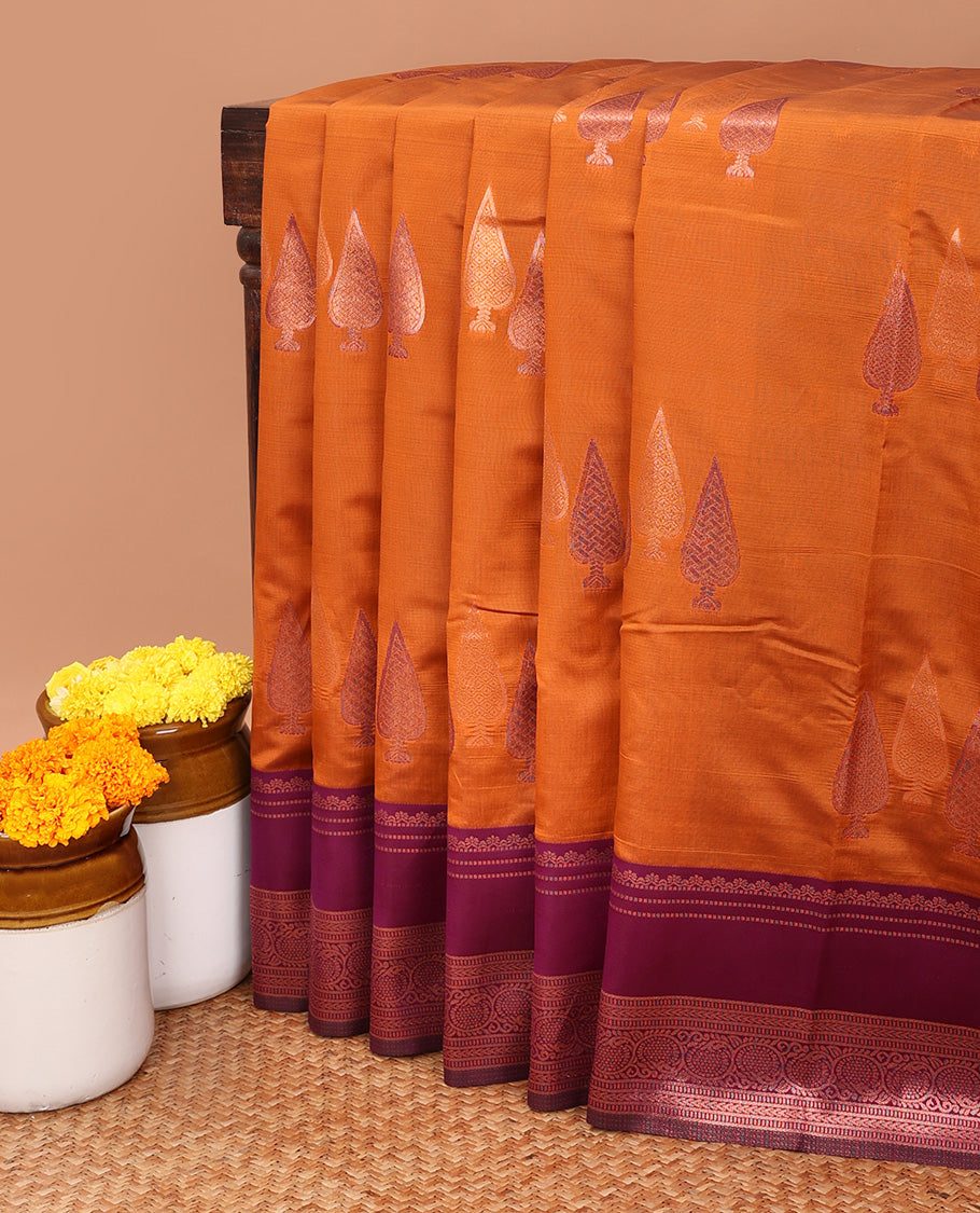 Honey copper zari butta litchi soft silk saree with contrast double pad border & zari butta blouse