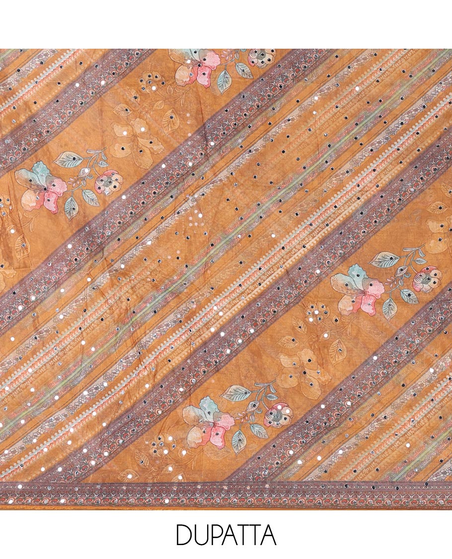 Mustard floral print,mirror work organza chudidhar material top with santoon material pant & floral print, mirror work dupatta