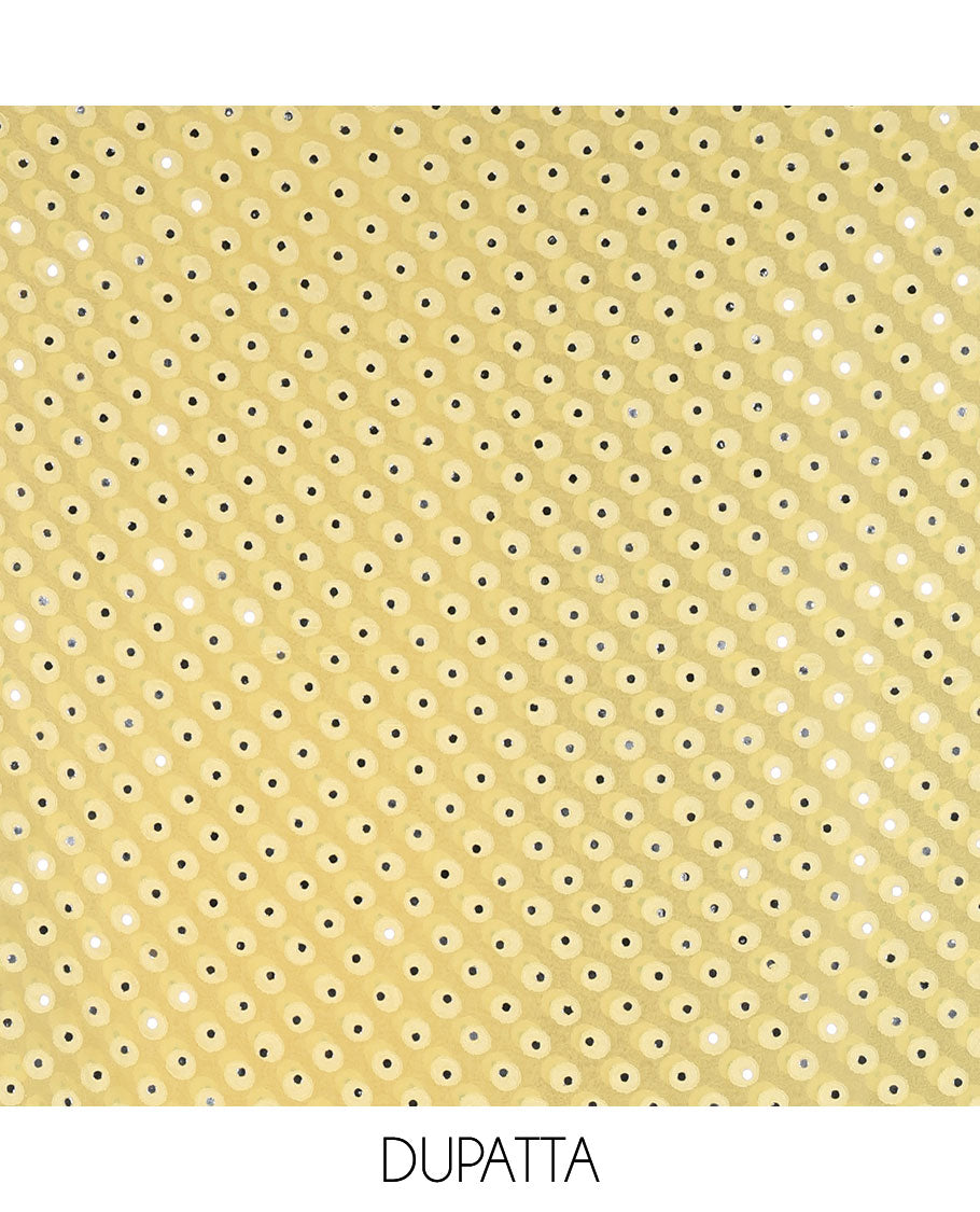 Yellow material churidar set, stone work with Schiffli style embroidered georgette top, American Crape bottom, and polka dotted printed mirror work dupatta