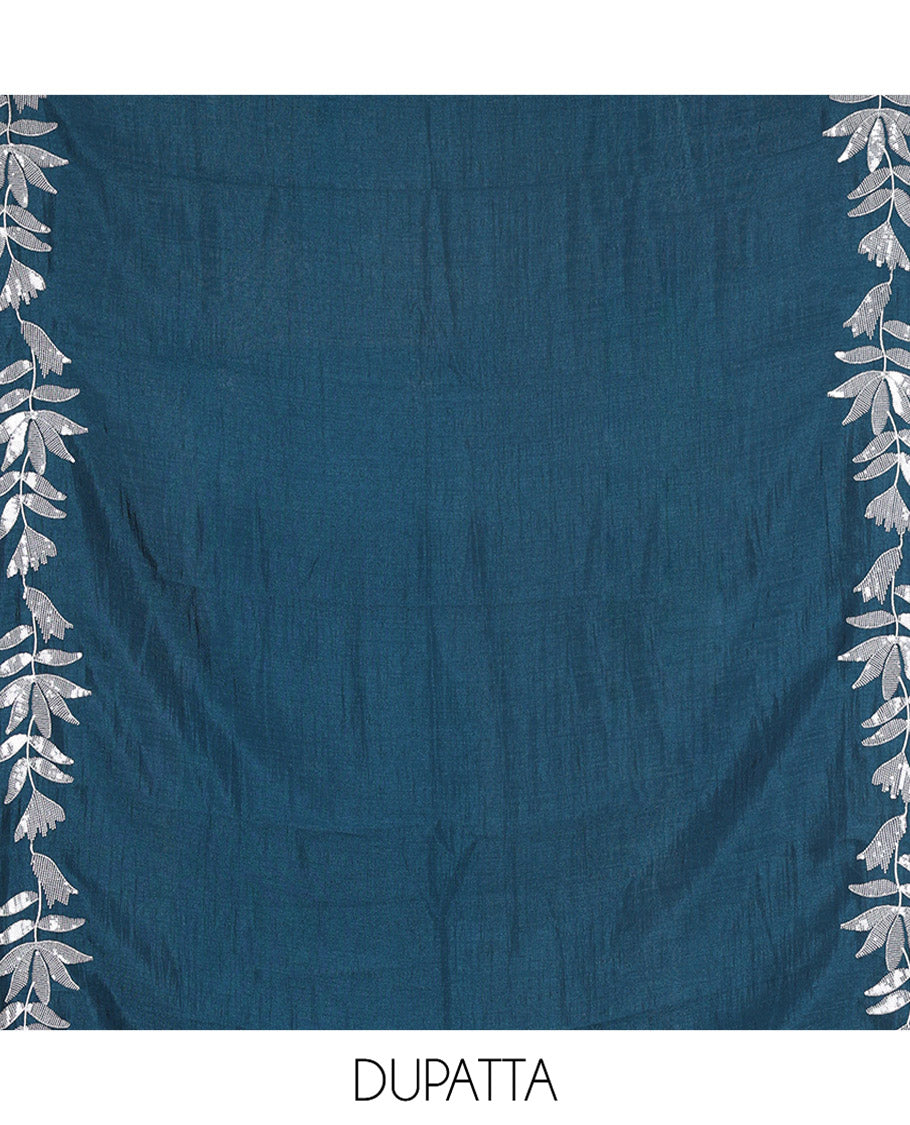 Sky Blue Material Churidar Set, Detailed with Floral Motifs Sequins-Thread Embroidered on Its Vichitra Silk Top, Comes with a Contrast Santoon Bottom, and Paired with a Vichitra Silk Floral Embroidered Scallop Dupatta