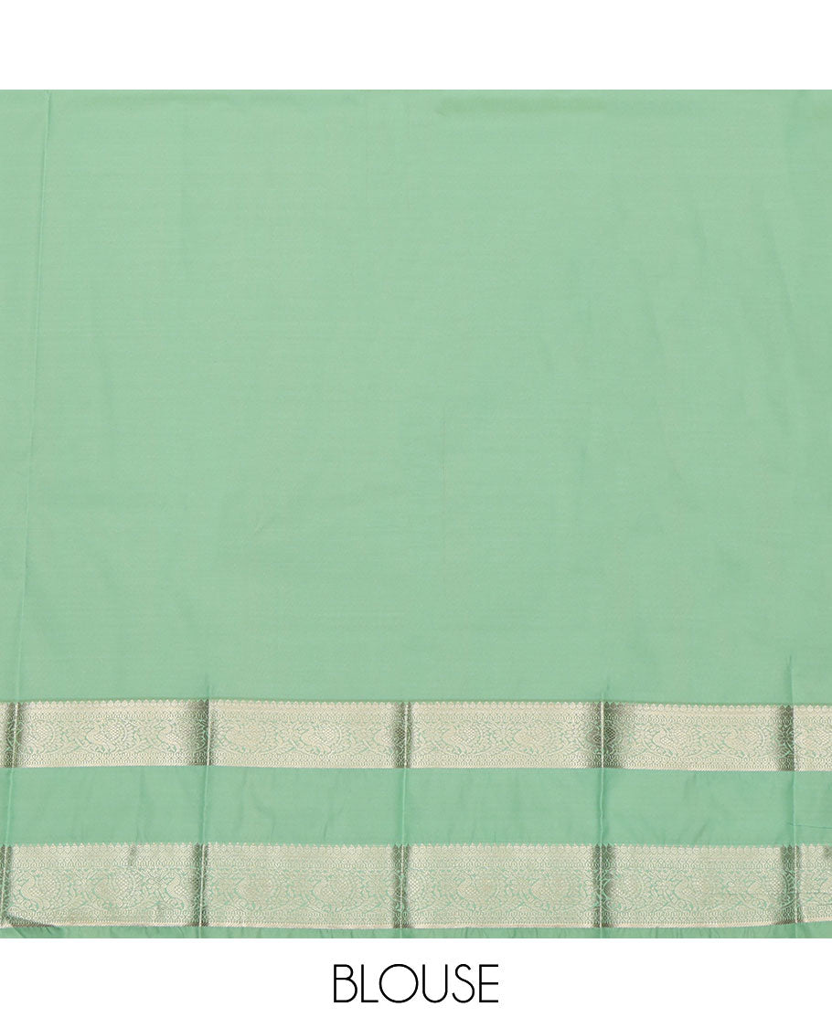 Green Budget Silk Saree, Accentuated with Zari Buttas All Over Its Body, Highlighted by Rettai Pettu Traditional Zari Design Border of Peacocks, Intricately Designed Jaal Pallu, and Paired with a Matching Blouse