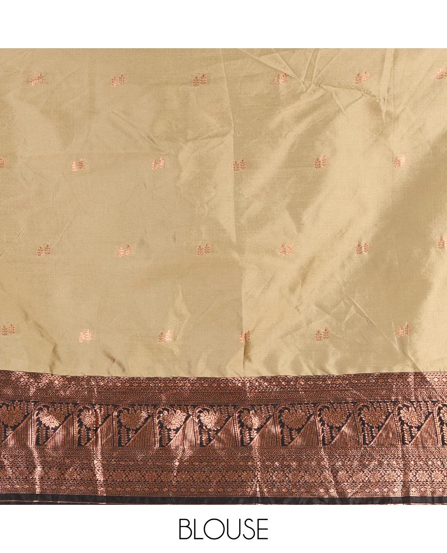 Brown taffeta silk half saree, zari buttas with contrast black traditional zari border skirt, matching zari design blouse, and contrast plain zari border syska georgette dhavani